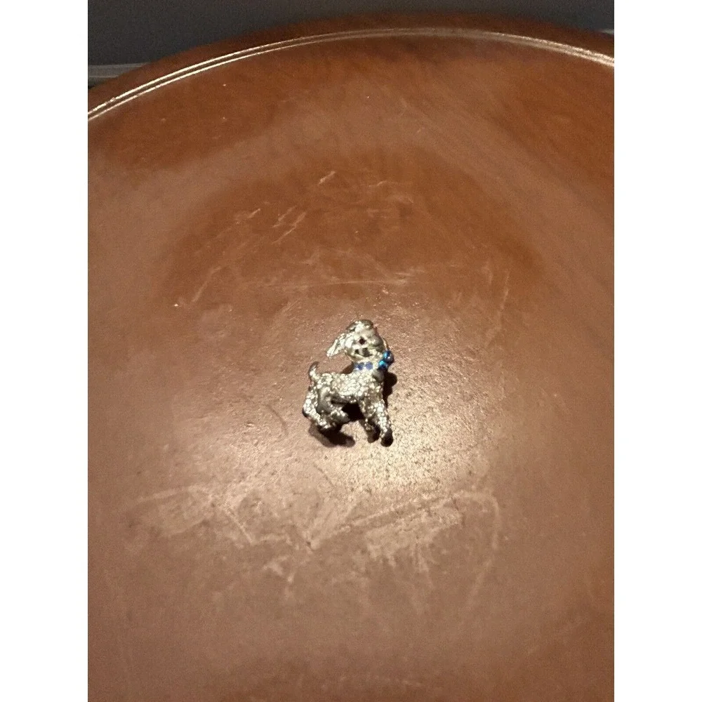 Unmarked‎ Silver Tone Lamb Pin or Brooch Red Rhinestone Eyes Blue Bow
